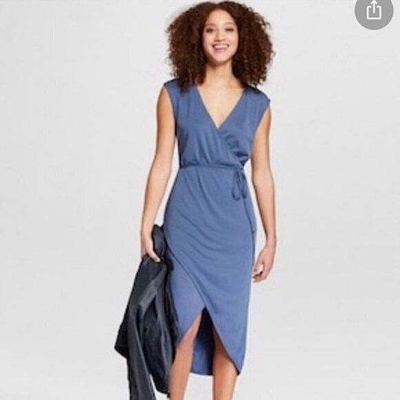 A New Day Blue Faux Wrap Vneck Belted  Midi Dress Size M - Picture 1 of 8